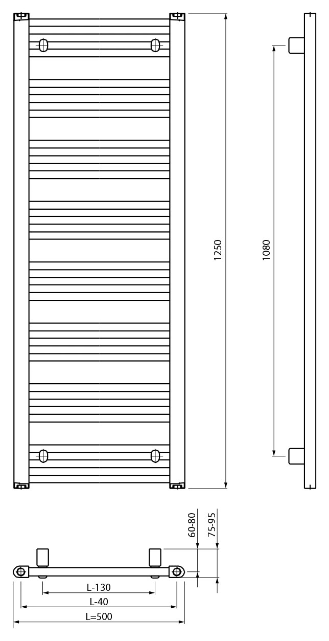 Bruckner ALBRECHT fürdőszobai radiátor, szélső bekötéssel, 500x1250 mm, 525 W, fehér (600.214.4) – műszaki rajz
