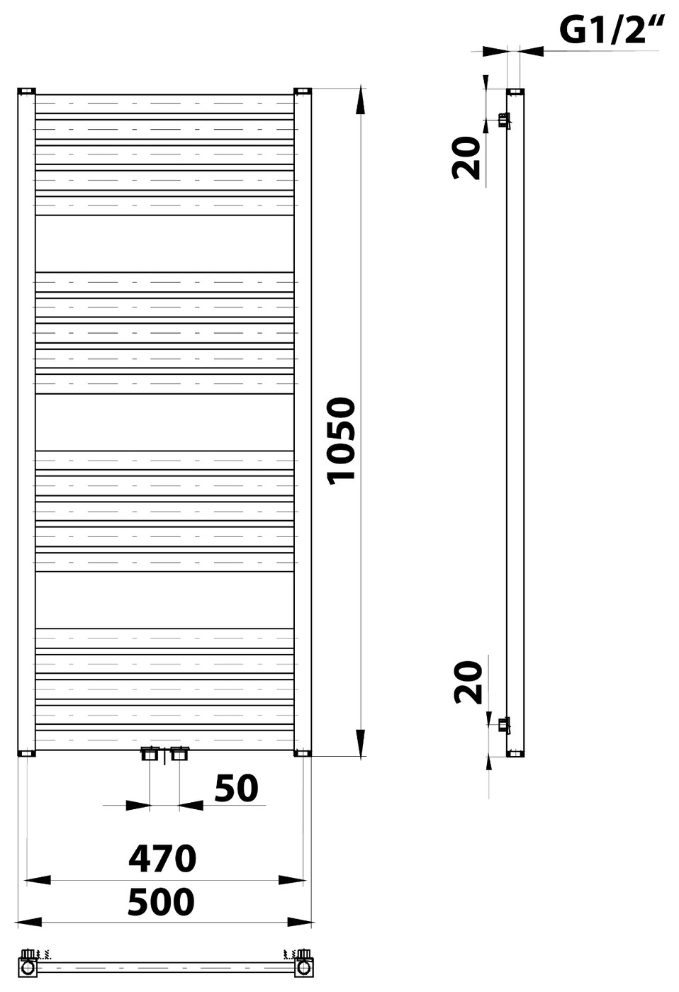 Bruckner GRUNT fürdőszobai radiátor, középső bekötés, 500x1050 mm, 465 W, matt fekete (600.121.6) – műszaki rajz