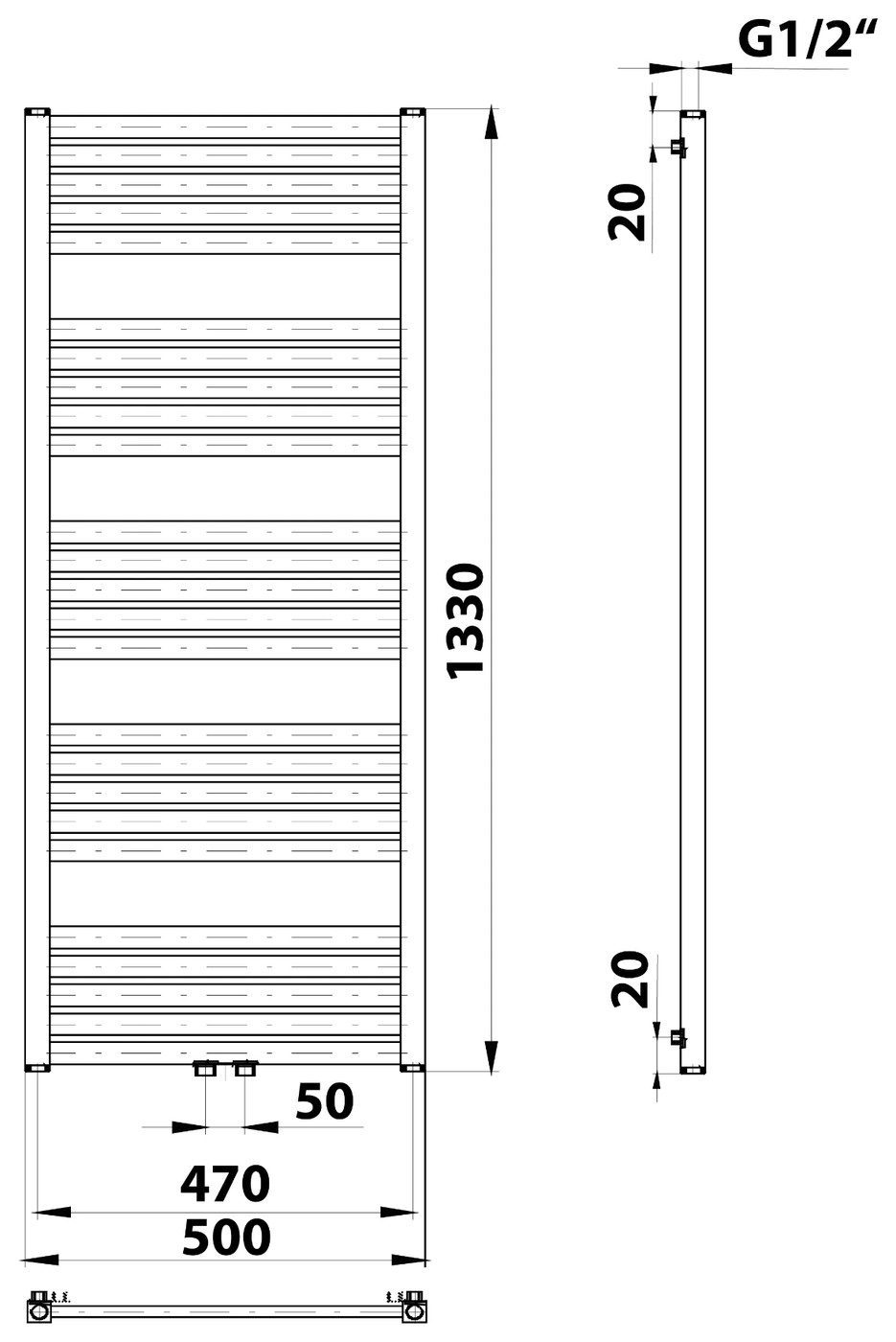 Bruckner GRUNT fürdőszobai radiátor, középső bekötés, 500x1330 mm, 611 W, fehér (600.122.4) – műszaki rajz
