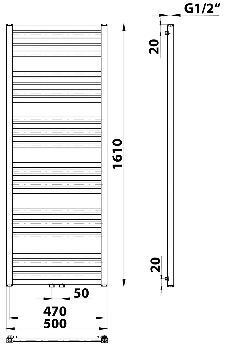 Bruckner GRUNT fürdőszobai radiátor, középső bekötés, 500x1610 mm, 776 W, fehér (600.123.4) – műszaki rajz