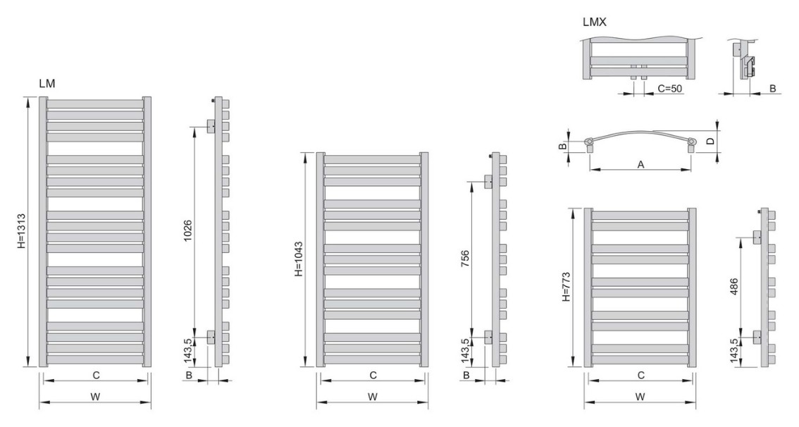 Enix LAMELO LMX fürdőszobai radiátor, 544x1043 mm, 498 W, matt fehér – műszaki rajz
