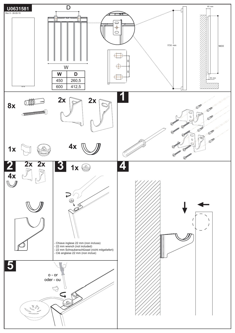 Sanotechnik ISCHIA fürdőszobai radiátor, 450x1800 mm, 721 W, fehér – szerelési rajz