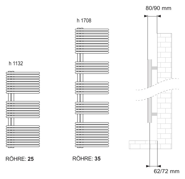 Sanotechnik WIEN fürdőszobai radiátor, egyenes, 600x1132 mm, 640 W, fehér – műszaki rajz