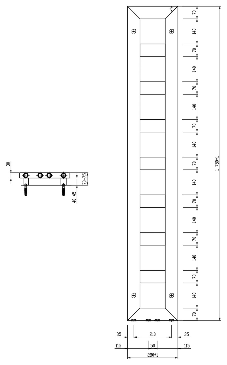 Sapho BLOCK fürdőszobai radiátor, 280x1750 mm, 461 W, matt fehér (IR184) – műszaki rajz