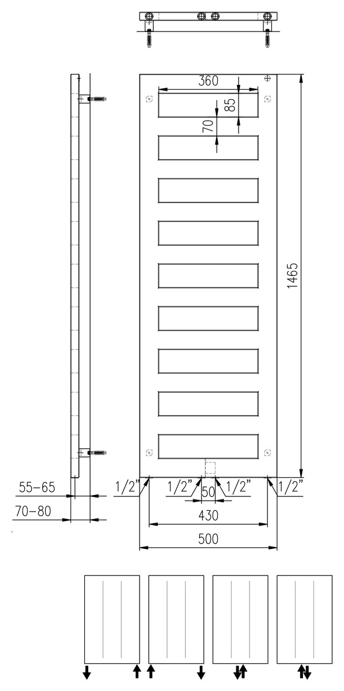 Sapho BLOCK fürdőszobai radiátor, 500x1465 mm, 644 W, matt fekete (IR185) – műszaki rajz