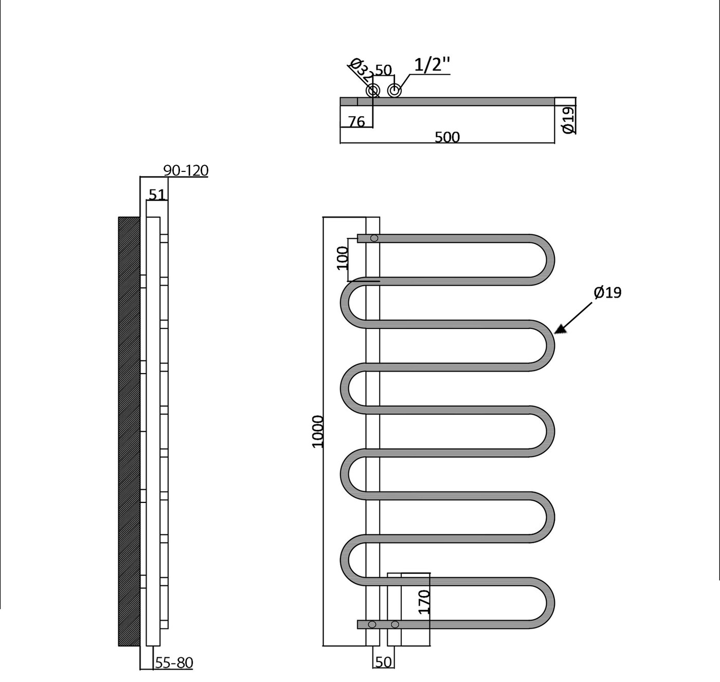 Sapho CARISMA fürdőszobai radiátor, 500x1000 mm, 210 W, króm – műszaki rajz