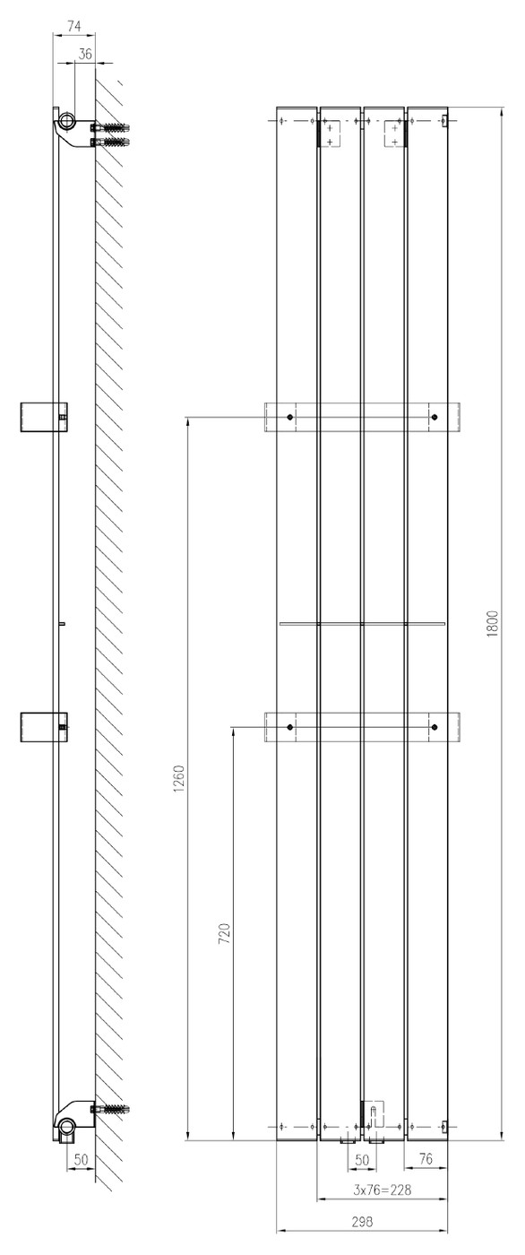 Sapho COLONNA fürdőszobai radiátor, 298x1800 mm, 614 W, texturált pala – műszaki rajz