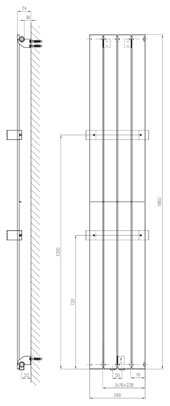 Sapho COLONNA fürdőszobai radiátor, 298x1800 mm, 614 W, fehér – műszaki rajz