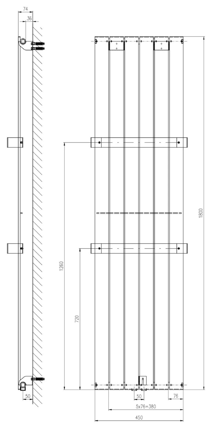 Sapho COLONNA fürdőszobai radiátor, 450x1800 mm, 910 W, bézs (IR148S) – műszaki rajz