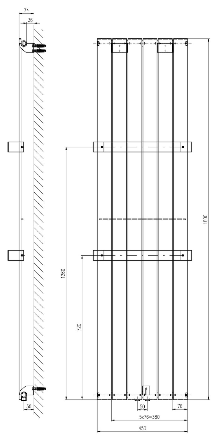 Sapho COLONNA fürdőszobai radiátor, 450x1800 mm, 910 W, fehér – műszaki rajz