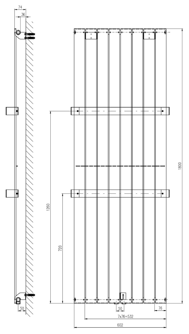 Sapho COLONNA fürdőszobai radiátor, 602x1800 mm, 1205 W, fehér – műszaki rajz