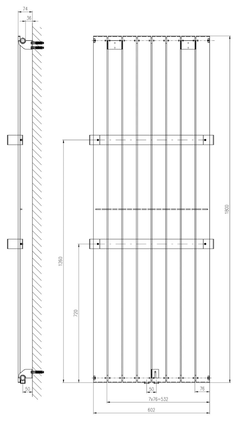 Sapho COLONNA fürdőszobai radiátor, 602x1800 mm, 1205 W, bézs (IR149S) – műszaki rajz