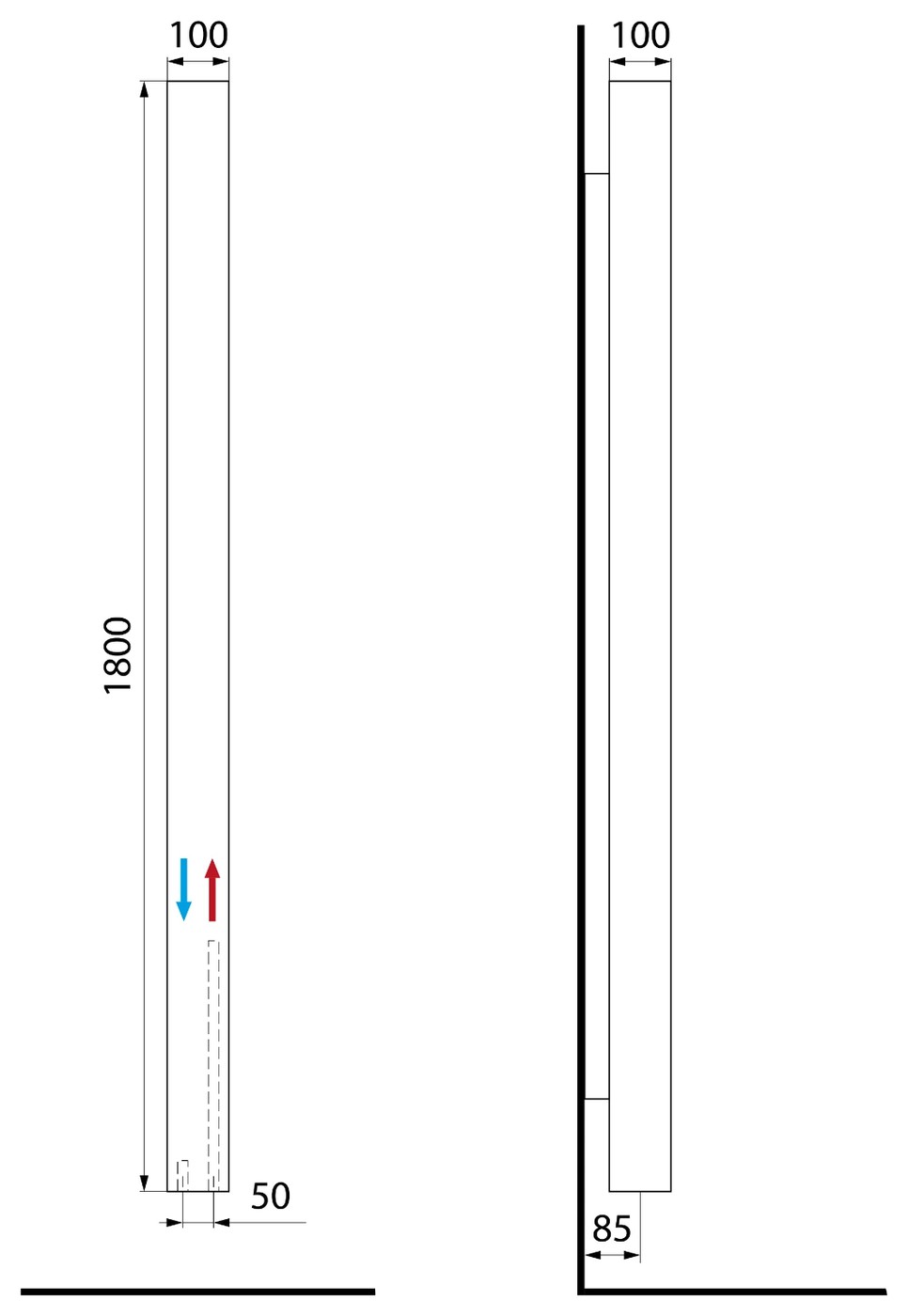 Sapho CUBIQ fürdőszobai radiátor, 100x1800 mm, 365 W, matt fehér (LQ284) – műszaki rajz