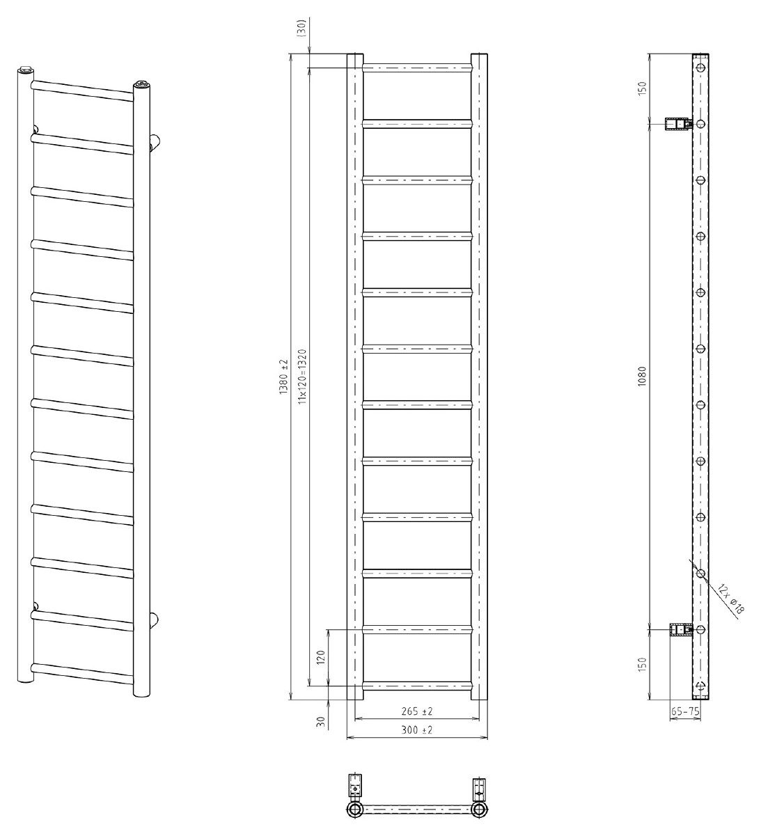 Sapho DINA fürdőszobai radiátor, 300x1380 mm, 278 W, matt fekete (IR373B) – műszaki rajz