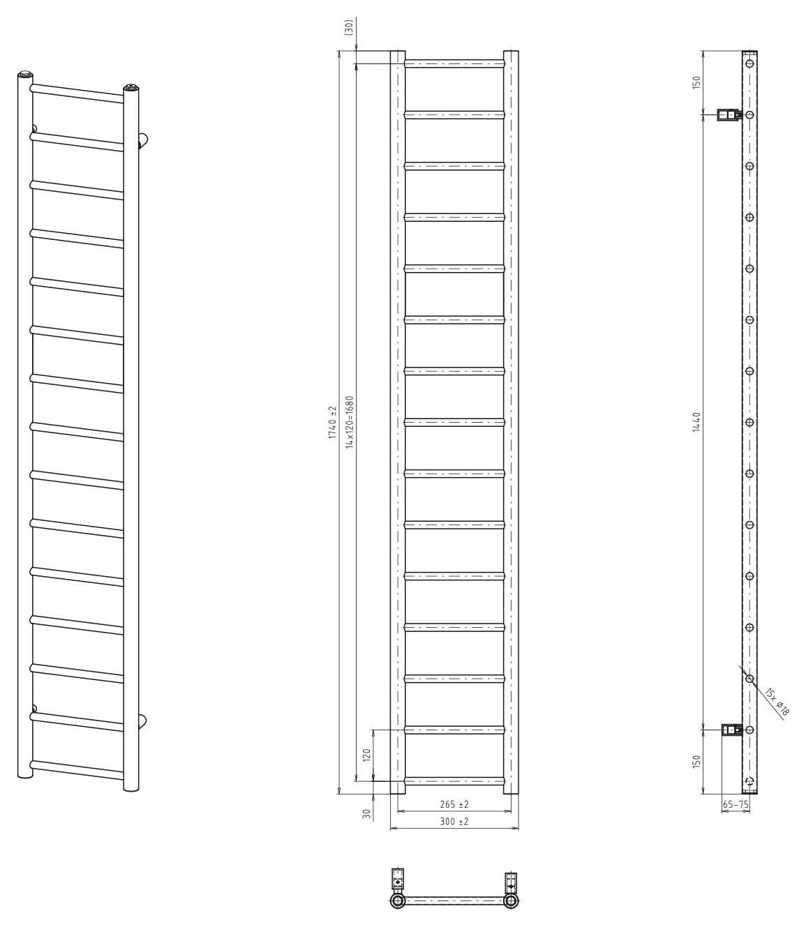 Sapho DINA fürdőszobai radiátor, 300x1740 mm, 335 W, matt fekete (IR376B) – műszaki rajz