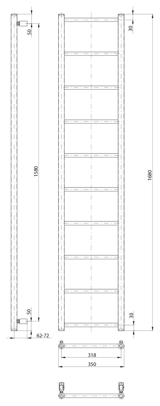 Sapho DINA fürdőszobai radiátor, 350x1680 mm, 334 W, fehér (IR378TW) – műszaki rajz