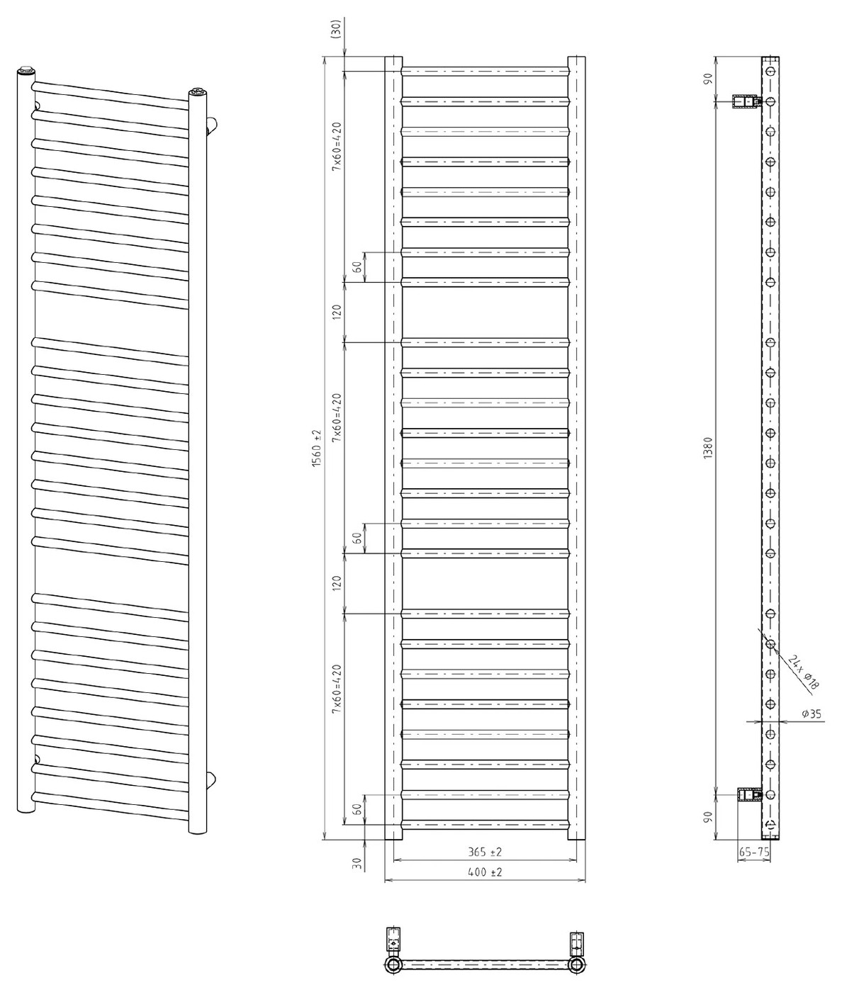 Sapho DINA fürdőszobai radiátor, 400x1560 mm, 477 W, fehér (IR364W) – műszaki rajz