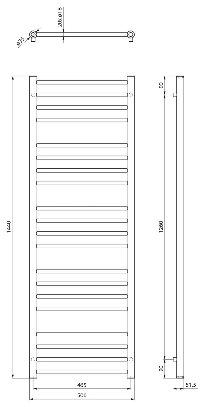 Sapho DINA fürdőszobai radiátor, 500x1440 mm, 512 W, fehér (IR369W) – műszaki rajz