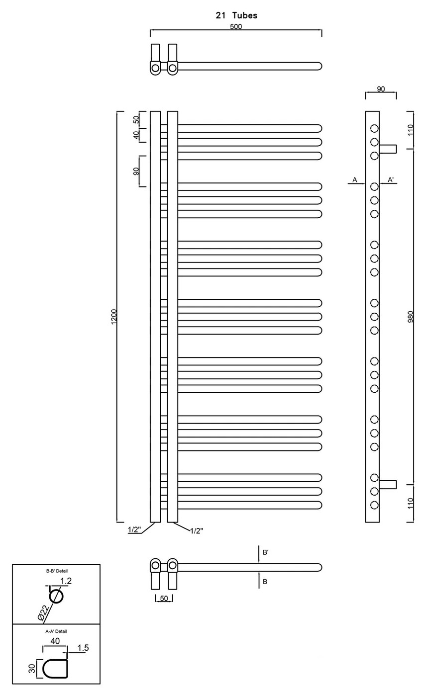 Sapho DORLION fürdőszobai radiátor, 500x1200 mm, 492 W, matt fekete (1130-21) – műszaki rajz