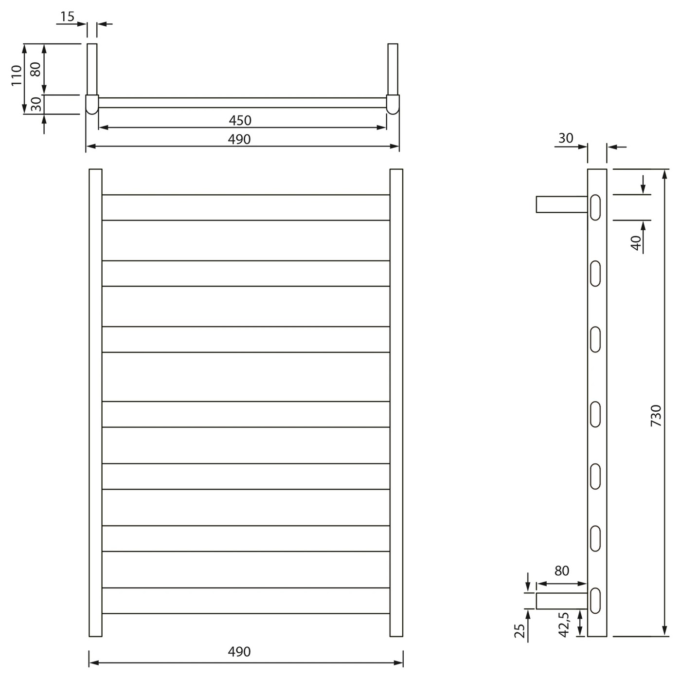 Sapho ELIAS elektromos törölközőszárító radiátor, 490x730x110 mm, 105 W, matt fehér (EB540) – műszaki rajz