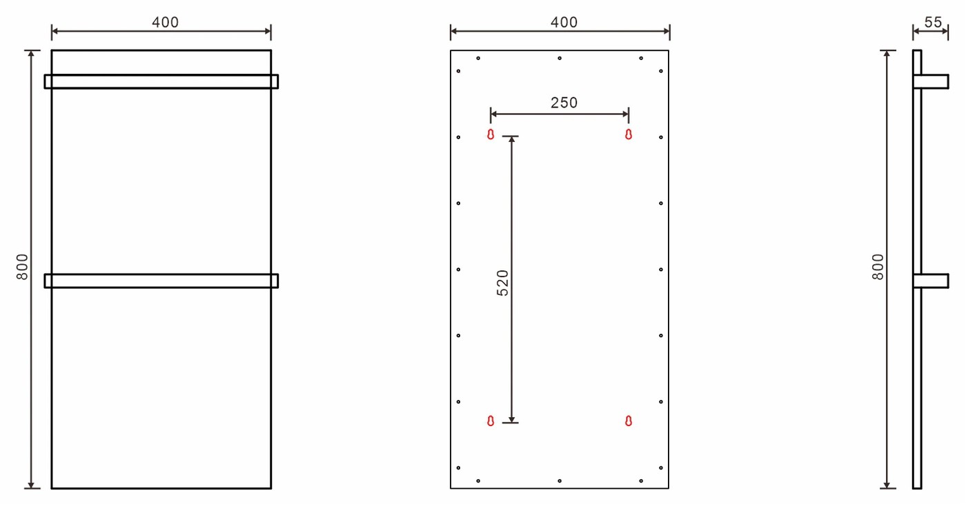 Sapho ELMIS elektromos radiátor, 400x800x55 mm, 120 W, matt fekete (EB430) – műszaki rajz