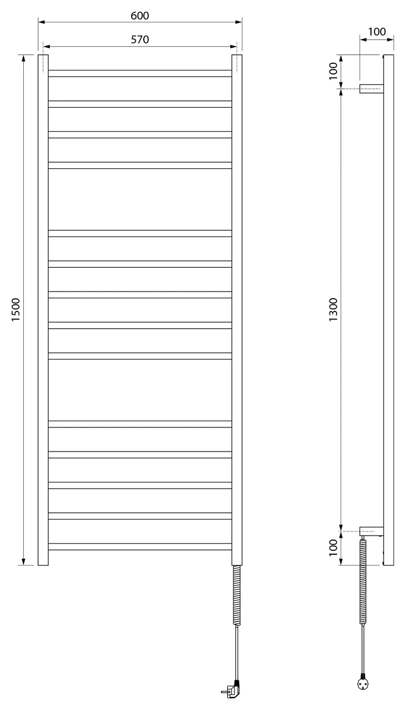 Sapho ESKINADO elektromos törölközőszárító radiátor, 600x1500 mm, 130 W, polírozott inox (ER450V) – műszaki rajz