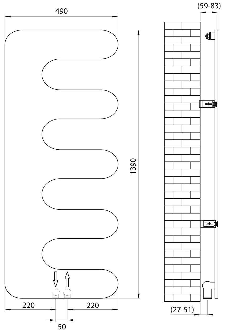 Sapho EVOLLA fürdőszobai radiátor, 490x1390 mm, 511 W, matt fekete (MI1400) – műszaki rajz