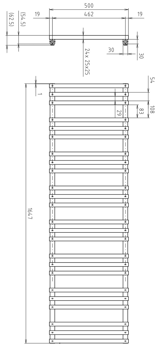 Sapho FANTINA fürdőszobai radiátor, 500x1647 mm, 666 W, matt fekete (IR515) – műszaki rajz