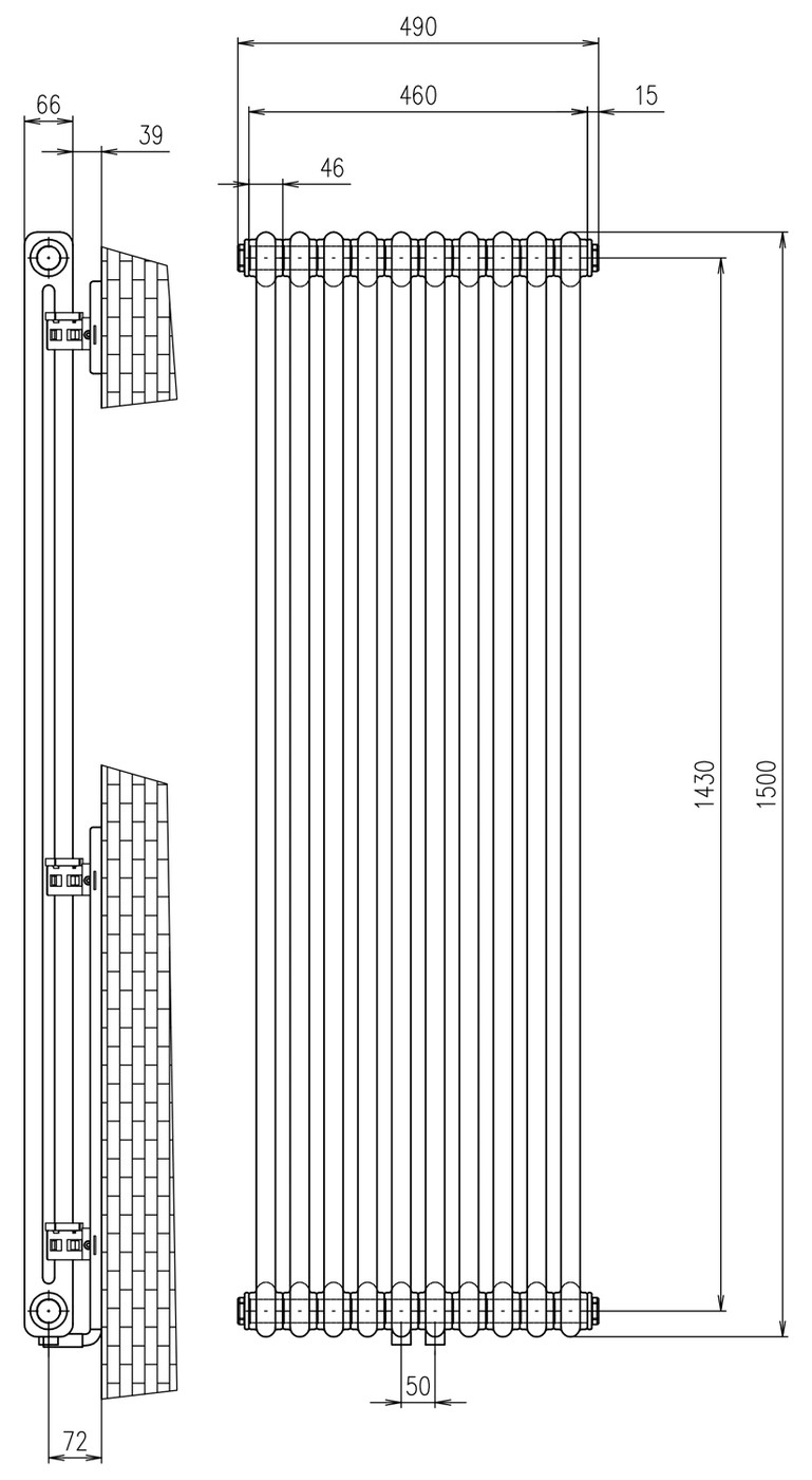 Sapho FEDE fürdőszobai radiátor, 490x1500 mm, 1071 W, matt fekete (IR193) – műszaki rajz