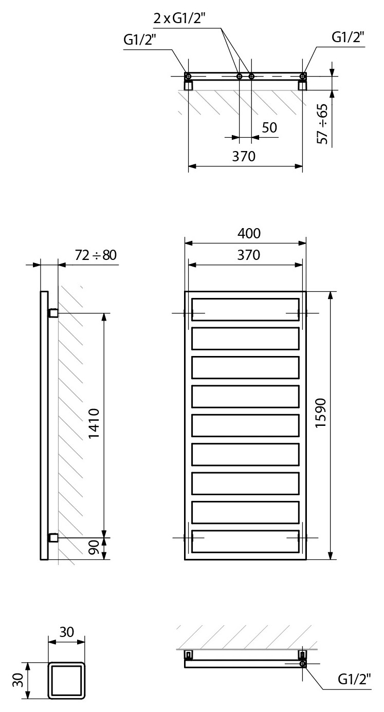 Sapho GIANLUCA fürdőszobai radiátor, 400x1590 mm, 509 W, matt fehér (GL159) – műszaki rajz