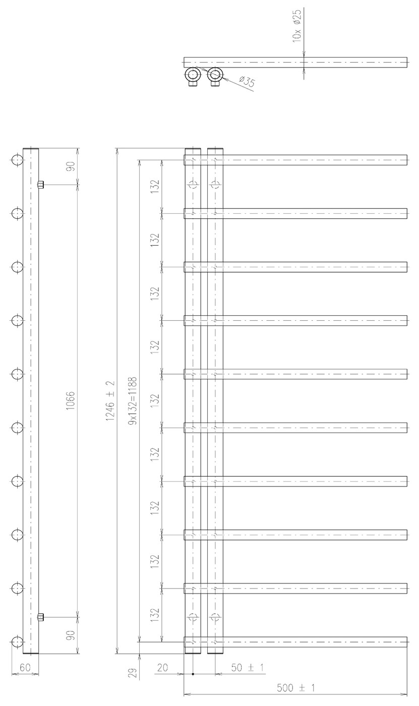 Sapho JUSTINA fürdőszobai radiátor, 500x1246 mm, 340 W, matt fehér (IR546W) – műszaki rajz