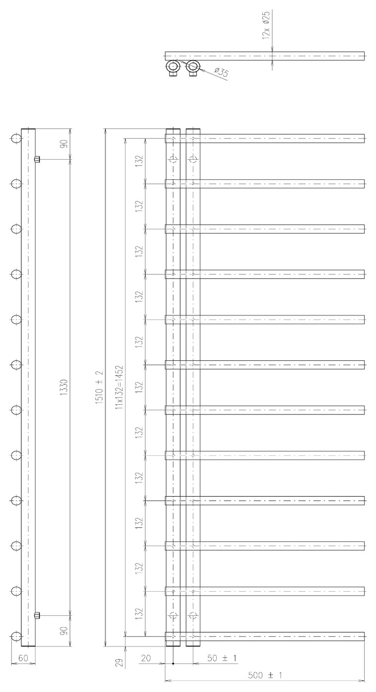 Sapho JUSTINA fürdőszobai radiátor, 500x1510 mm, 410 W, matt fehér (IR151W) – műszaki rajz