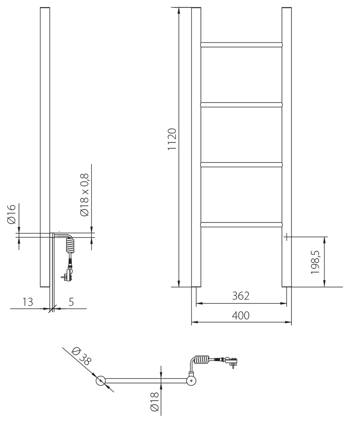 Sapho KARBO elektromos törölközőszárító radiátor, 400x1120 mm, 87 W, fekete – műszaki rajz