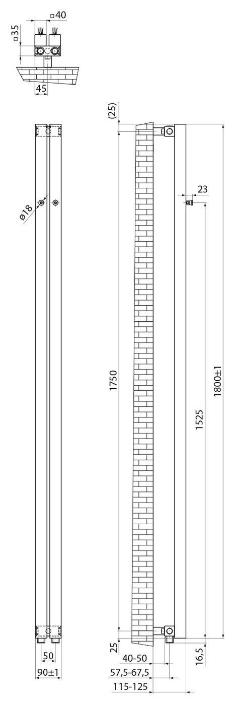 Sapho LETIZIA fürdőszobai radiátor, 90x1800 mm, 301 W, matt fehér (IR245W) – műszaki rajz