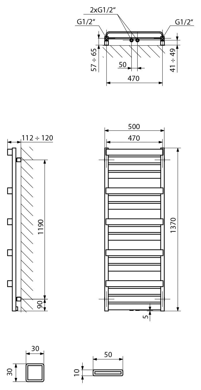 Sapho MARILENA fürdőszobai radiátor, 500x1370 mm, 673 W, matt fehér (MR137) – műszaki rajz