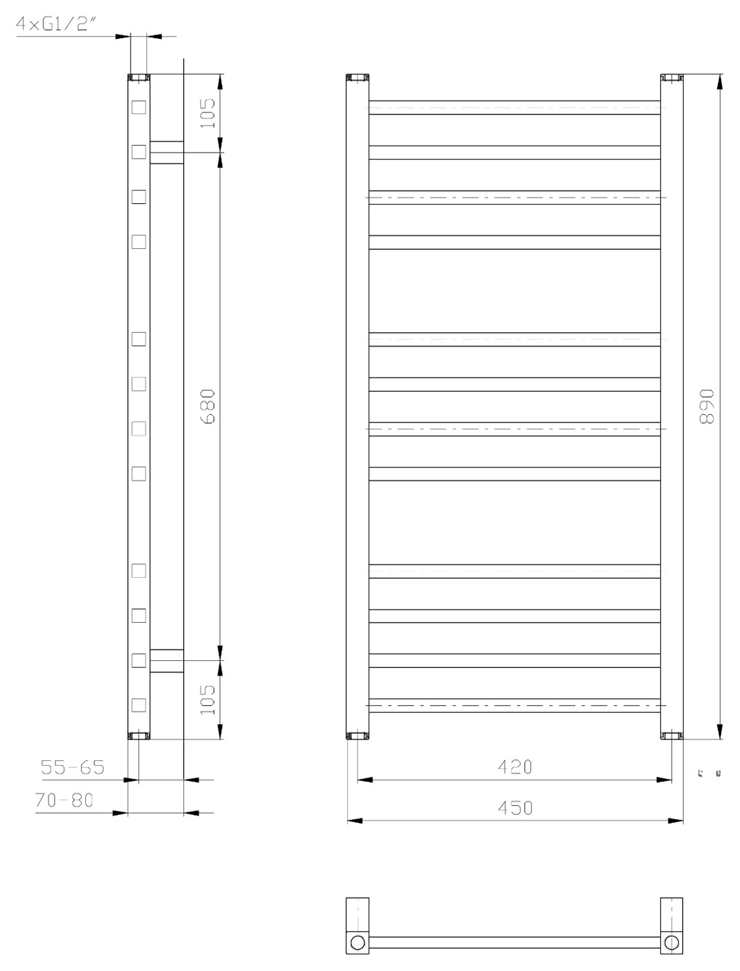 Sapho METRO fürdőszobai radiátor, 450x890 mm, 266 W, fehér (IR400T) – műszaki rajz