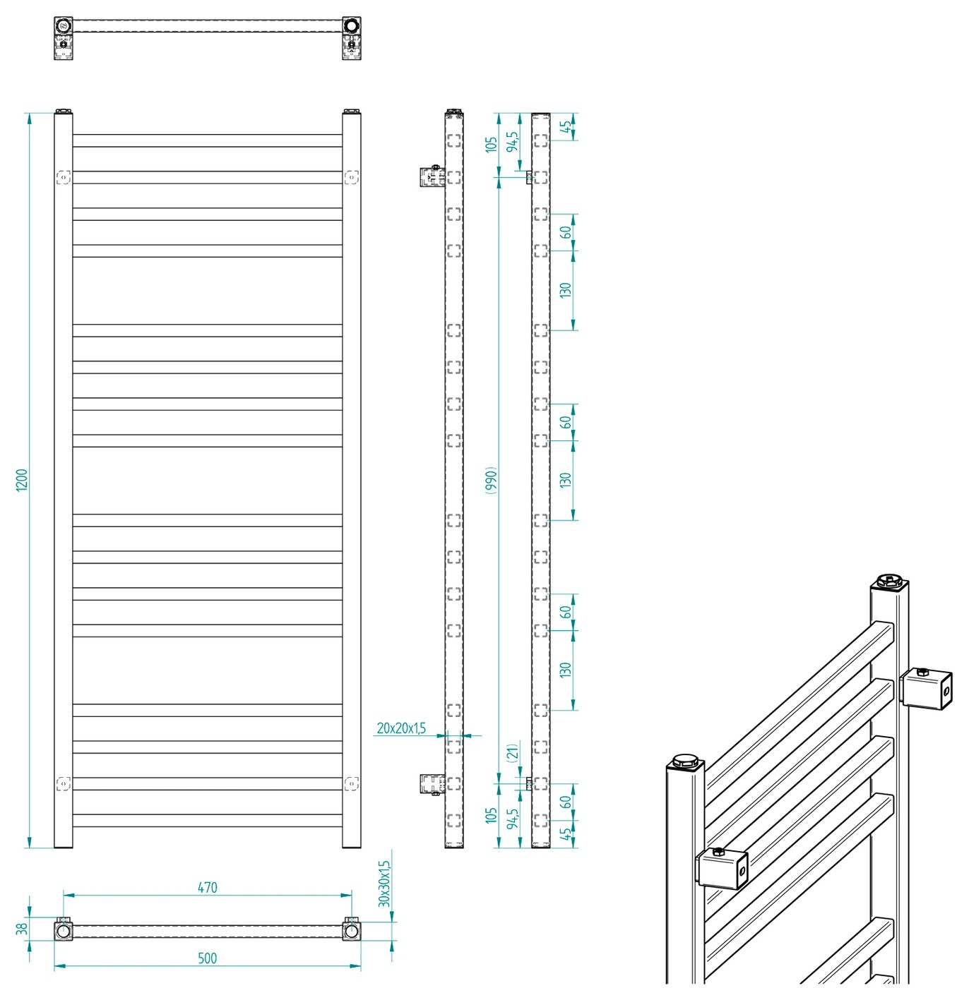 Sapho METRO fürdőszobai radiátor, 500x1200 mm, 386 W, matt fekete (IR410TB) – műszaki rajz