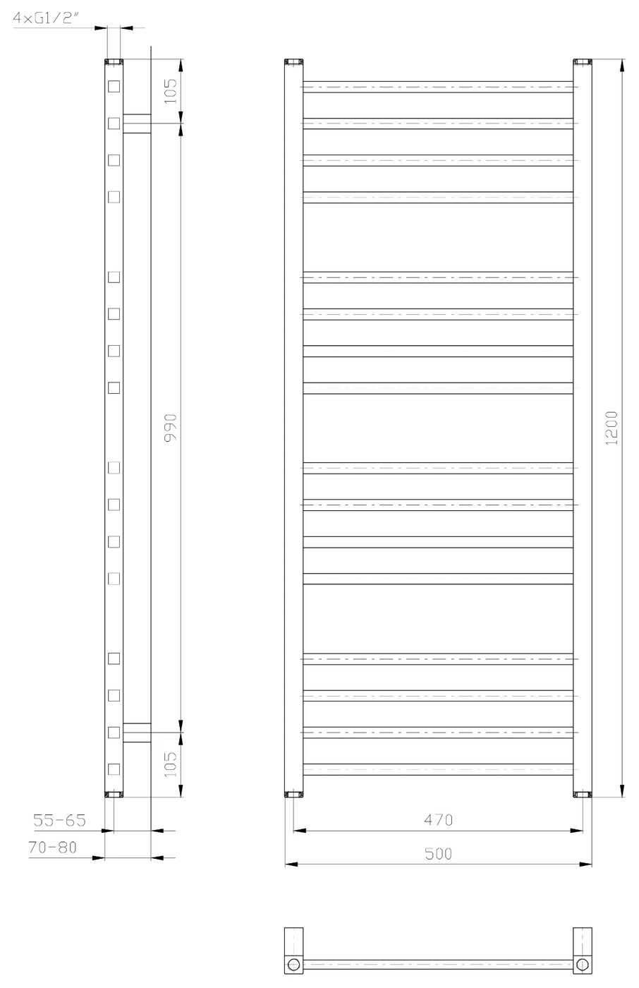 Sapho METRO fürdőszobai radiátor, 500x1200 mm, 386 W, fehér (IR410T) – műszaki rajz