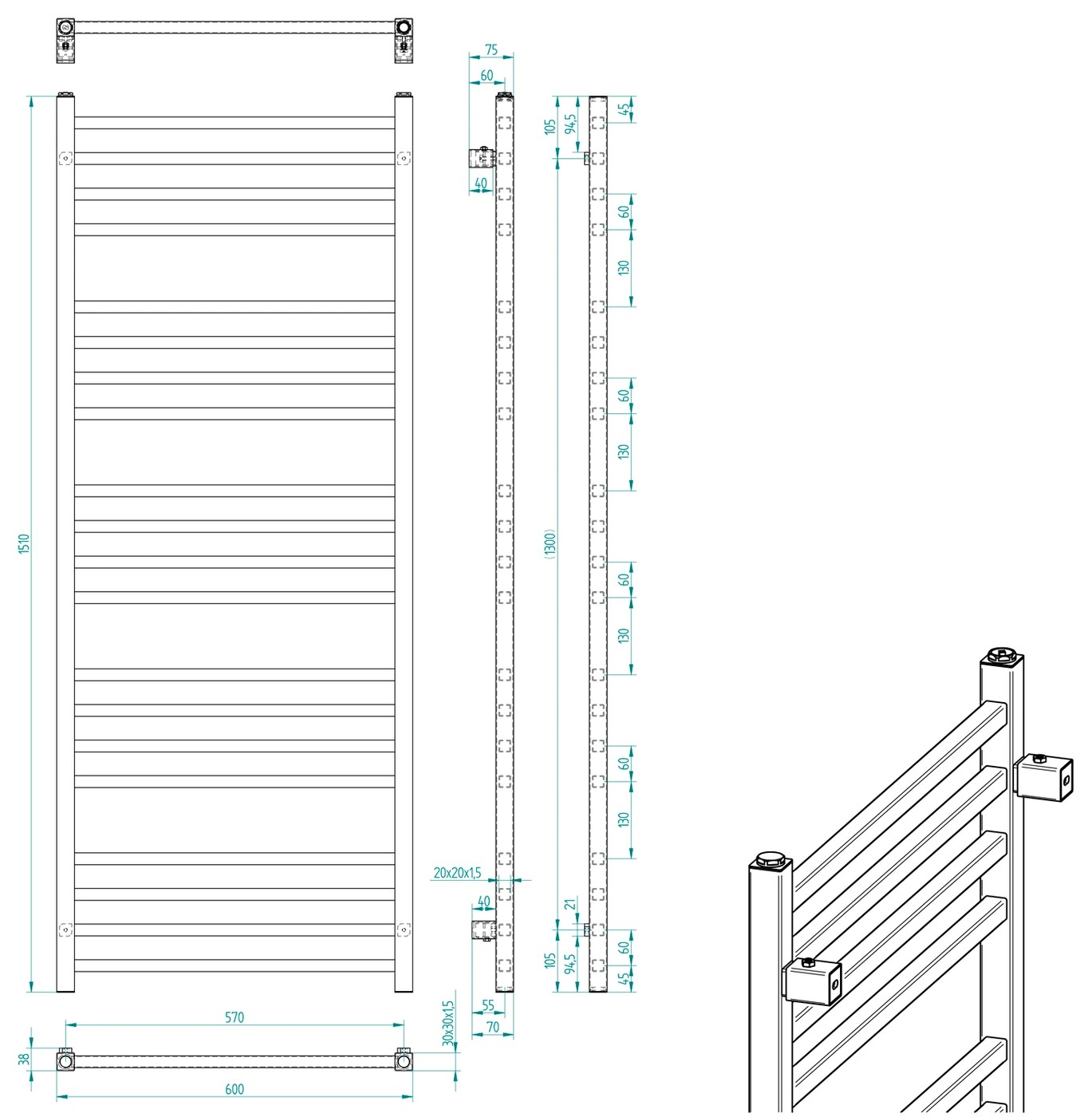 Sapho METRO fürdőszobai radiátor, 600x1510 mm, 557 W, matt fekete (IR420TB) – műszaki rajz