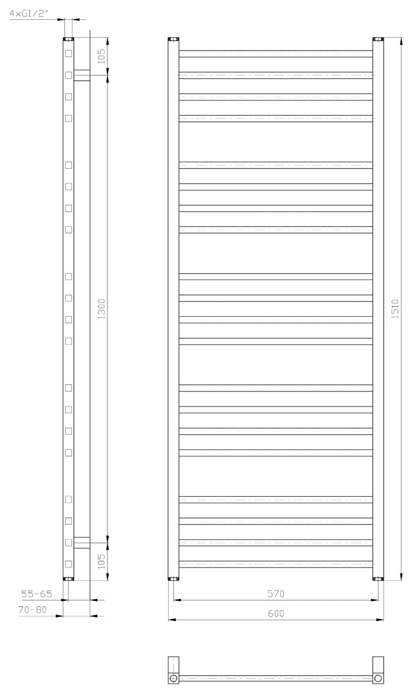 Sapho METRO fürdőszobai radiátor, 600x1510 mm, 557 W, fehér (IR420T) – műszaki rajz