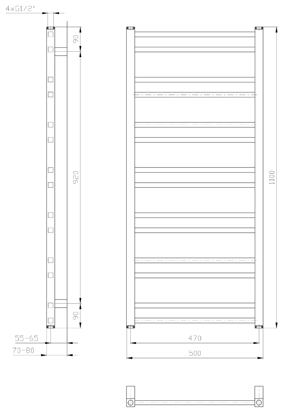 Sapho METRO DOS fürdőszobai radiátor, 500x1100 mm, 343 W, fehér (IR432T) – műszaki rajz