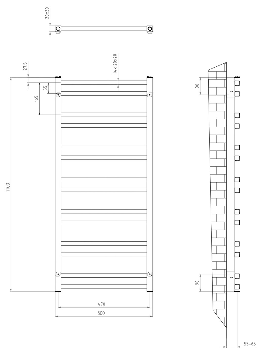 Sapho METRO DOS fürdőszobai radiátor, 500x1100 mm, 343 W, króm (IR432R) – műszaki rajz