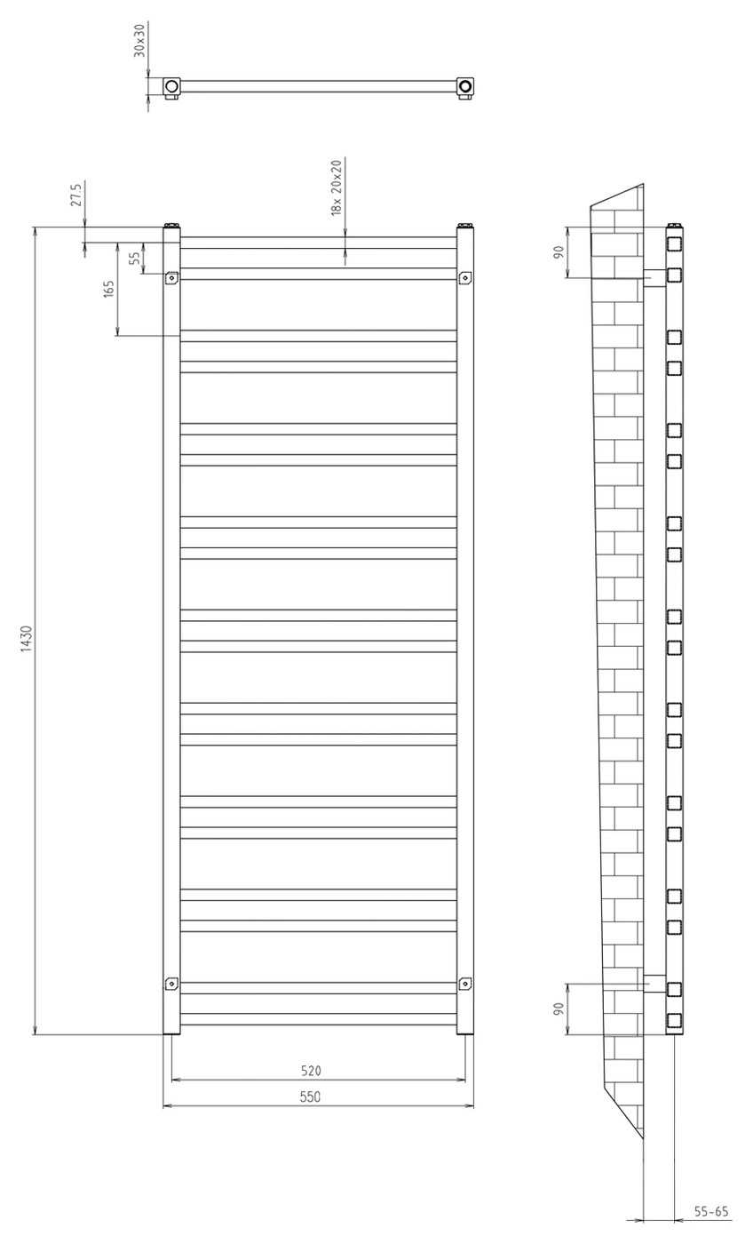 Sapho METRO DOS fürdőszobai radiátor, 550x1430 mm, 476 W, króm (IR430R) – műszaki rajz