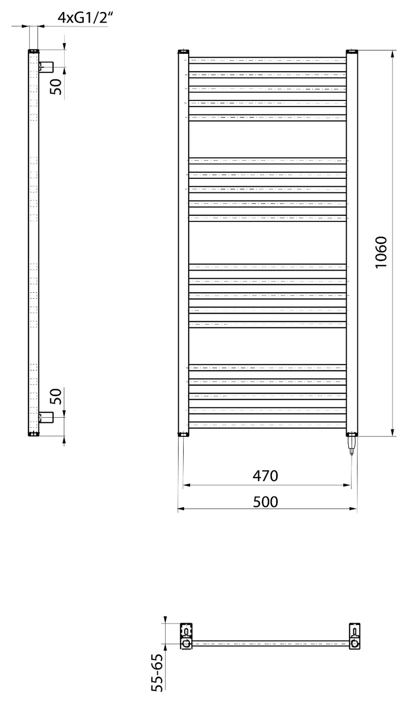Sapho METRO-E elektromos radiátor, 500x1060 mm, 400 W, fehér (ME410) – műszaki rajz
