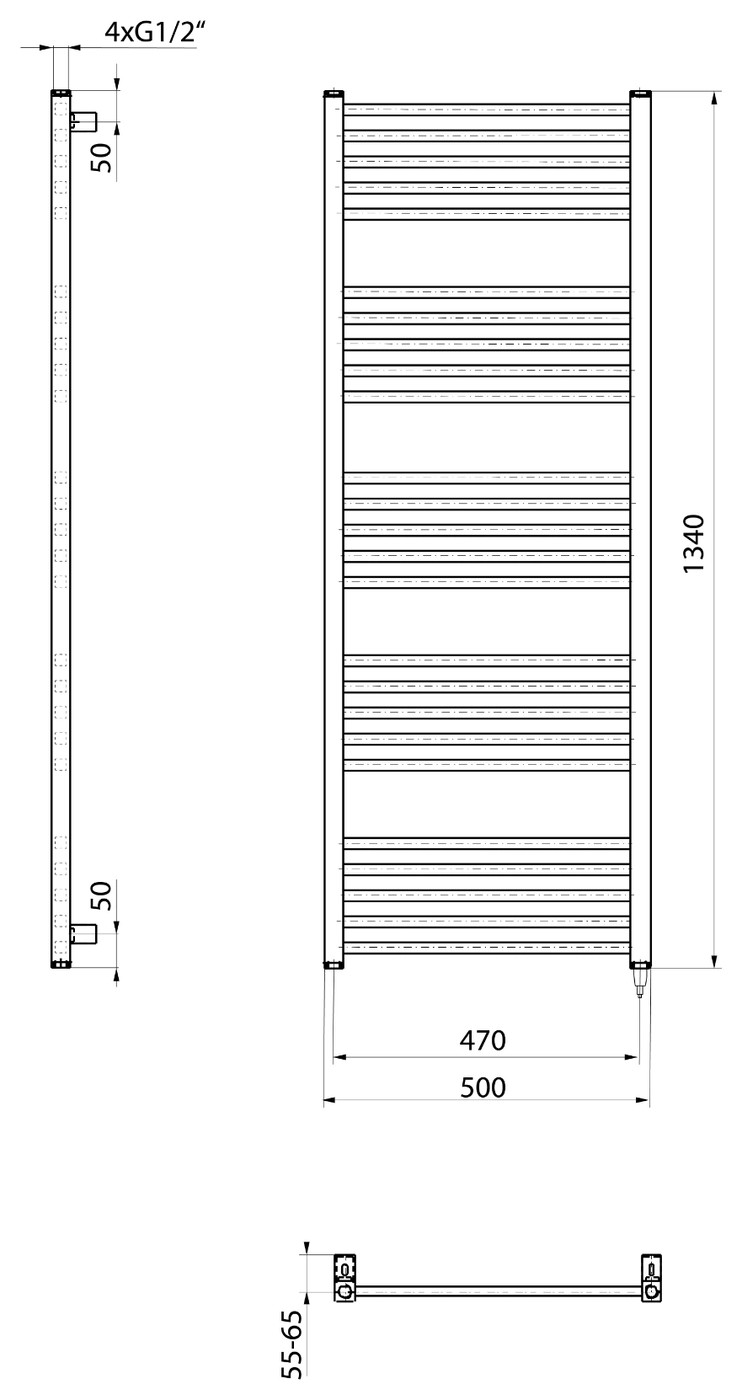 Sapho METRO-E elektromos radiátor, 500x1340 mm, 500 W, matt fekete (ME513B) – műszaki rajz