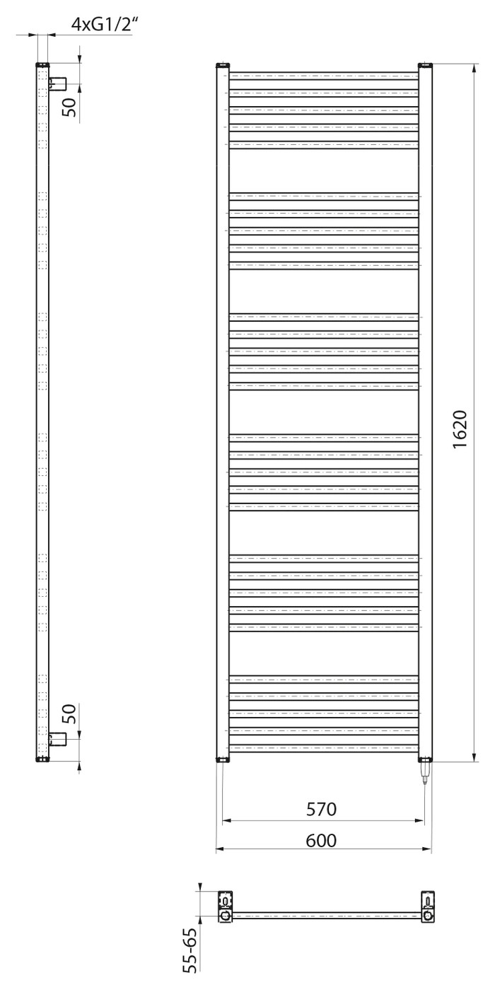 Sapho METRO-E elektromos radiátor, 600x1620 mm, 800 W, fehér (ME616) – műszaki rajz