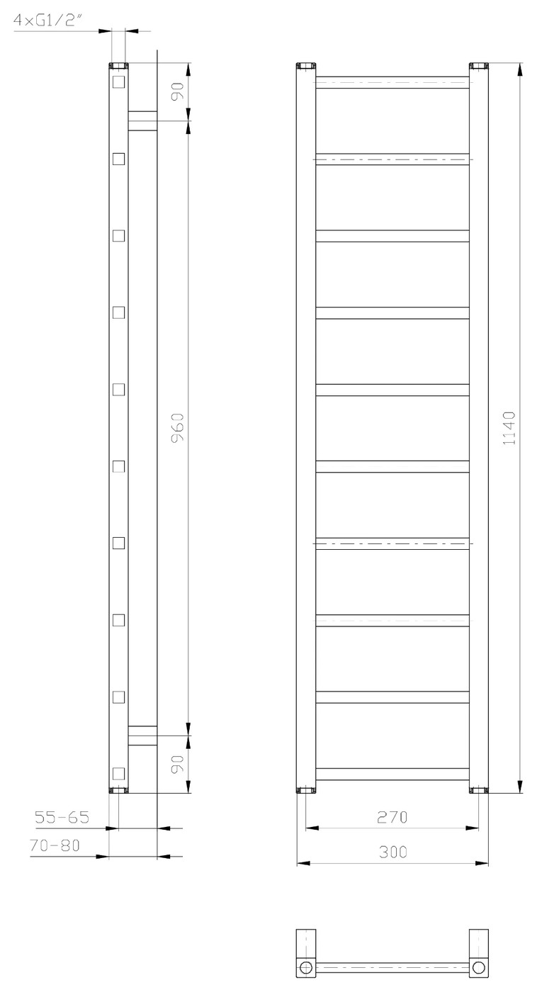 Sapho METRO LIGHT fürdőszobai radiátor, 300x1140 mm, 211 W, fehér (IR444T) – műszaki rajz