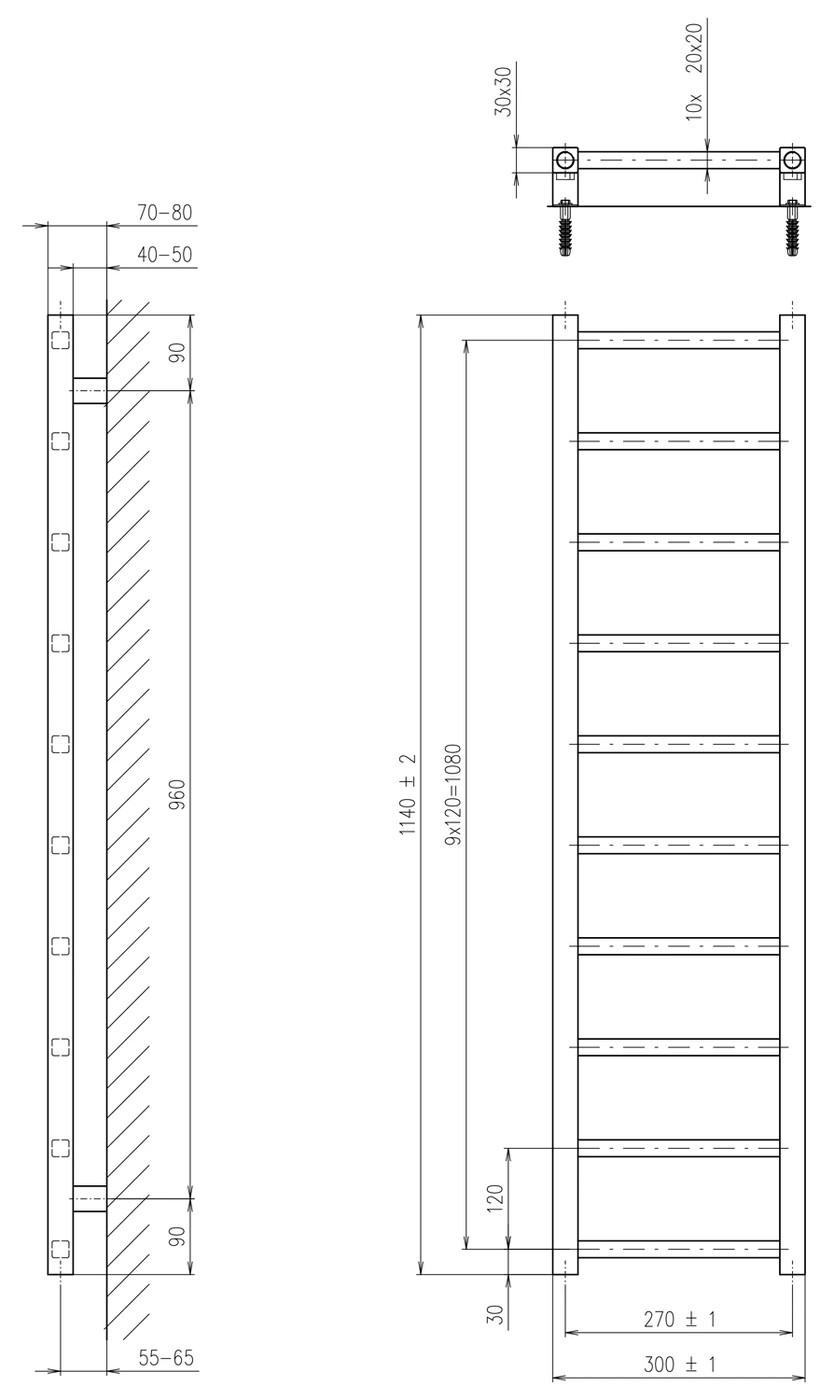 Sapho METRO LIGHT fürdőszobai radiátor, 300x1140 mm, 211 W, króm (IR444R) – műszaki rajz