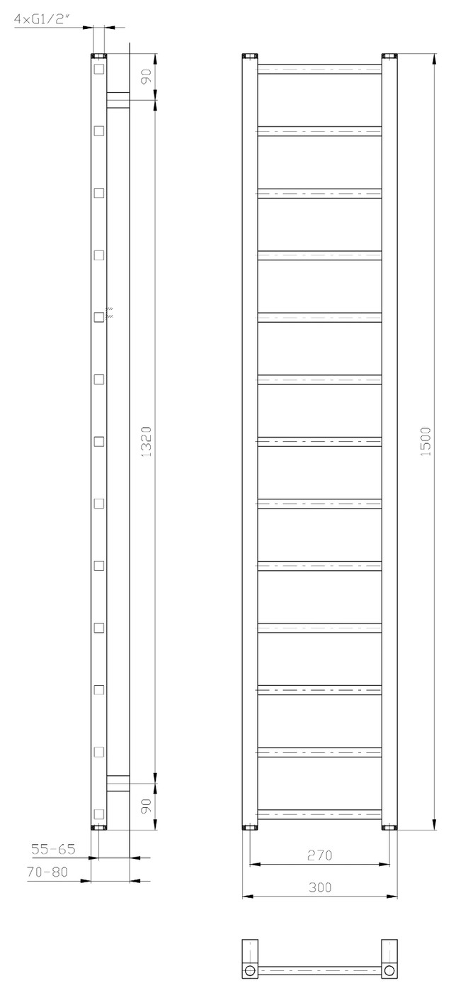 Sapho METRO LIGHT fürdőszobai radiátor, 300x1500 mm, 276 W, fehér (IR446T) – műszaki rajz
