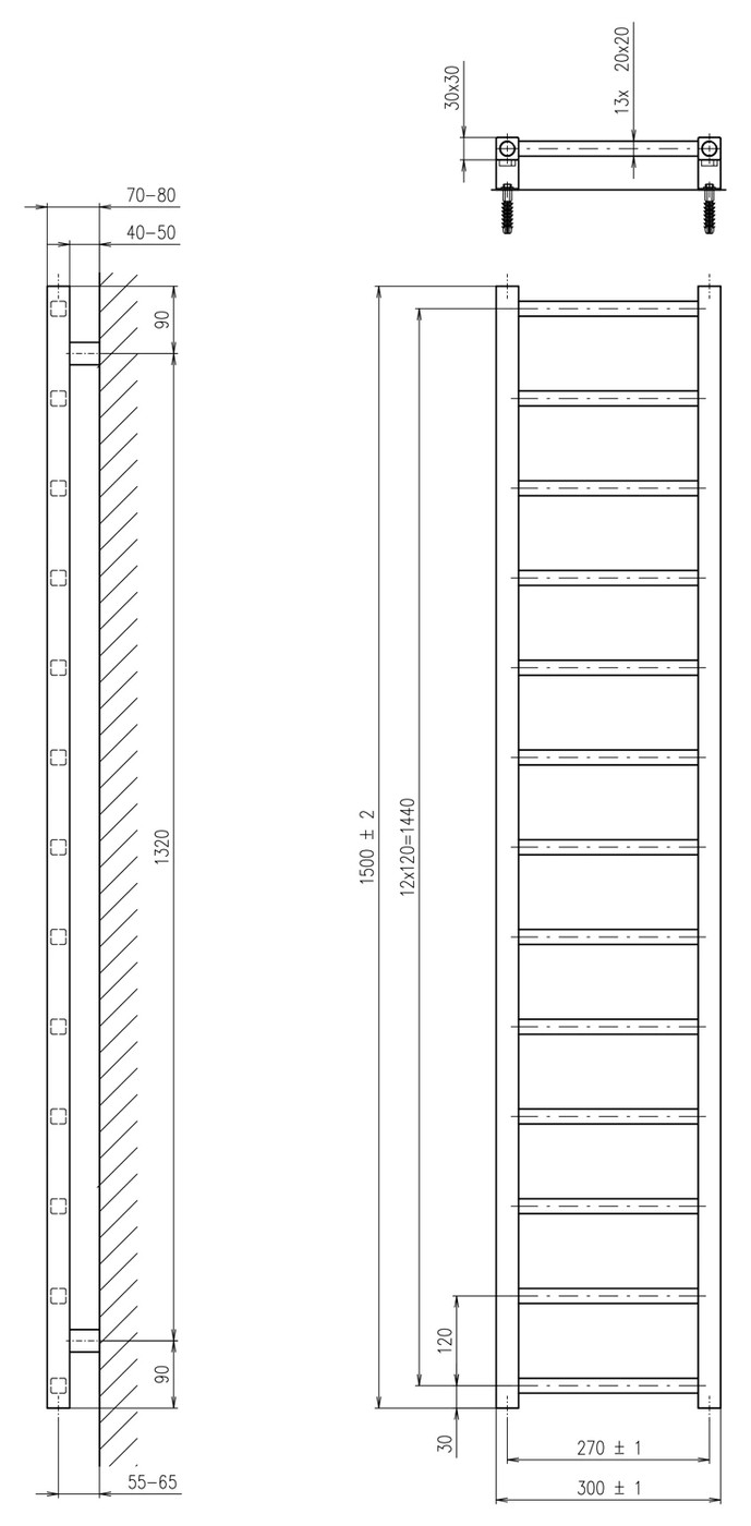Sapho METRO LIGHT fürdőszobai radiátor, 300x1500 mm, 276 W, króm (IR446R) – műszaki rajz